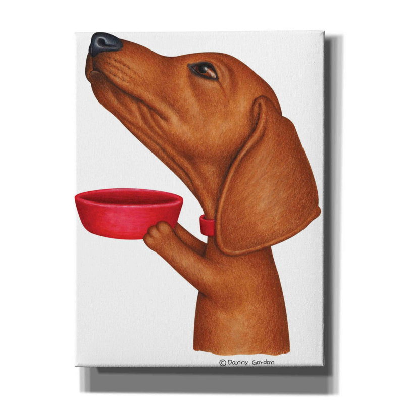 «Brown Dachshund tenant un bol rouge» par Danny Gordon, reproduction d'art sur toile, H 16 po x l 12 po x P 0,75 po