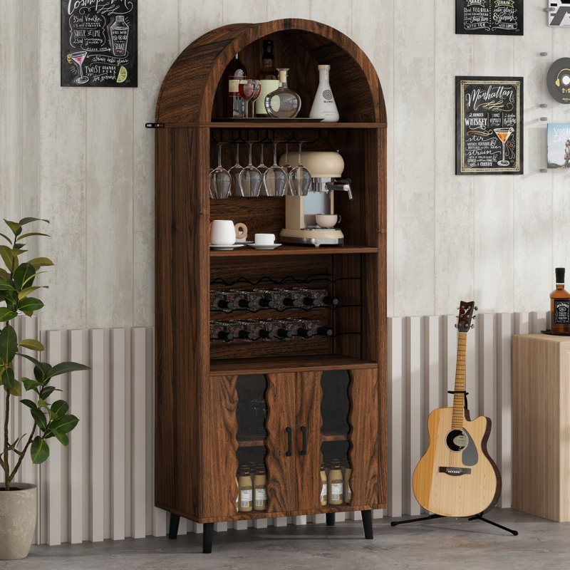 Farmhouse Arched Wine Bar Cabinet, Brown Oak