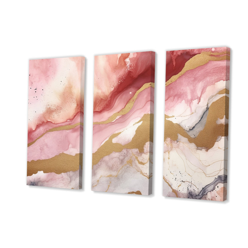 «Pink and Gold Enchanted Spills I», reproduction sur toile 3 pièces, H 28 po x l 36 po x P 1 po