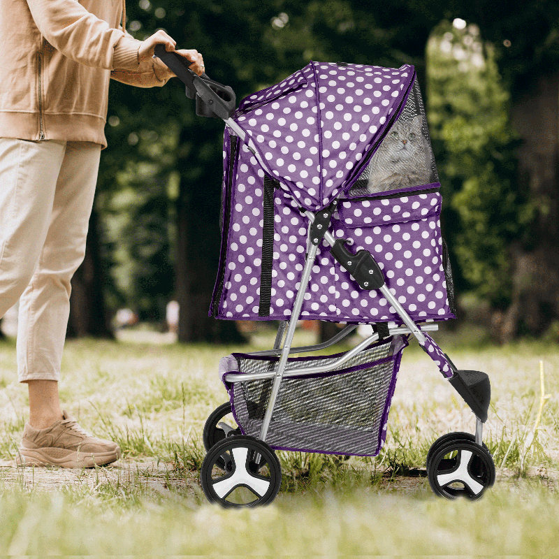 Purple Polka Dot Foldable Pet Stroller with Storage