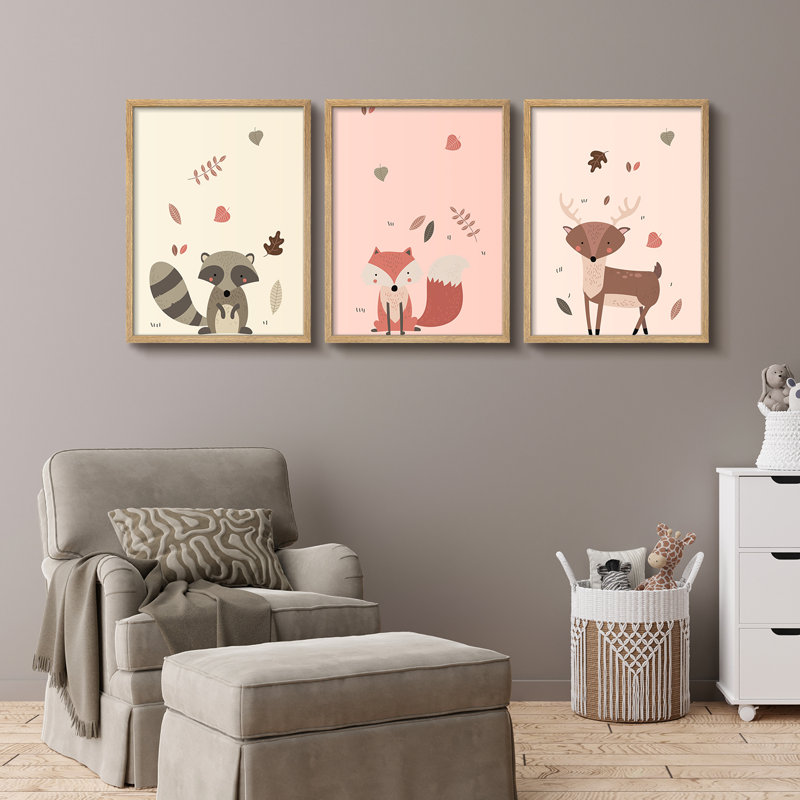 «Nursery Decor Cute Animals Boho», reproduction d'art encadrée, affiche, chambre d'enfant, art mural, Naturel