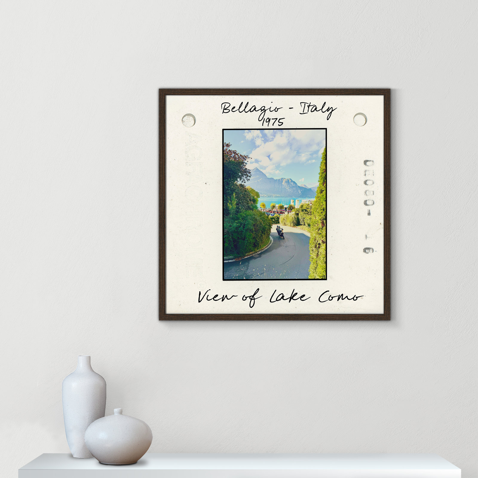 Belaggio, Italy - View of Lake Como Print by Susan Jill, 27.5" H x 27.5" W x 0.75" D, Walnut Single Picture Framed Paper