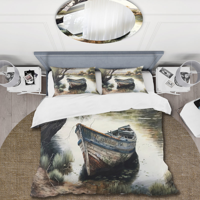 Bateau de pêche dans la rivière - Ensemble de housse de couette paysages - Microfibre de polyester