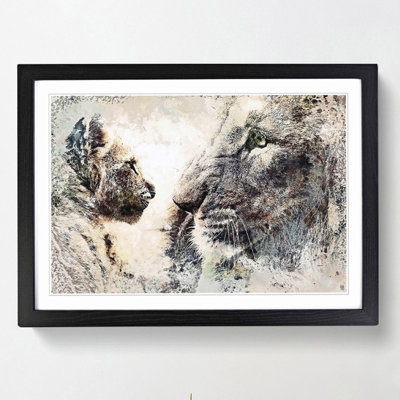 Lion Cub with Its Mother in Abstract - Picture Frame Painting Print on MDF