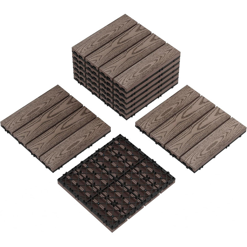9 tuiles de terrasse WPC 30 x 30 cm, plancher de patio imbriqué grain de bois en 2 D, carreaux d'extérieur à verrouillage en forme de M pour balcon, jardin, bord de piscine, café