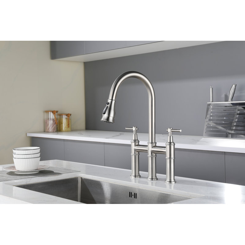 17.32" Bridge Kitchen Faucet with Pull Down Sprayer, Bridge Faucet for Kitchen Sink 3 Holes, Brushed Nickel