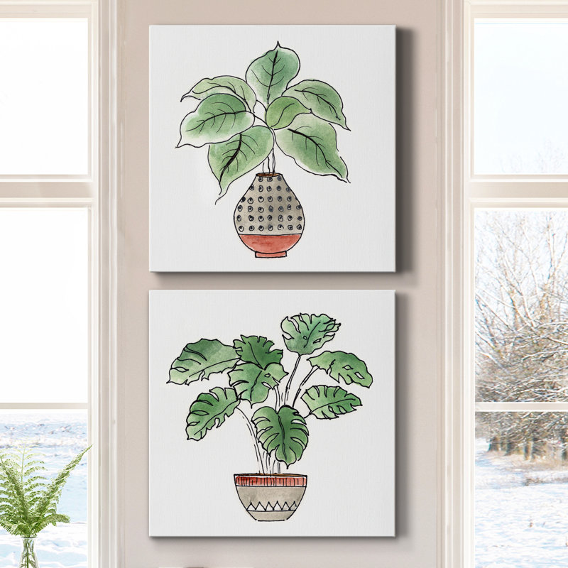 Boho Greenery I - ensemble de 2 peintures, H 10 po x l 20 po x P 1 po, Toile tendue