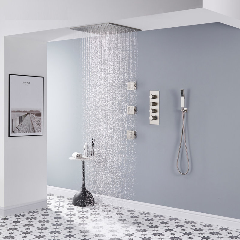 AquaRhapsody 3 Functions Thermostatic Shower System with 3 Body Jets and Rough-in Valve, Brushed Nickel