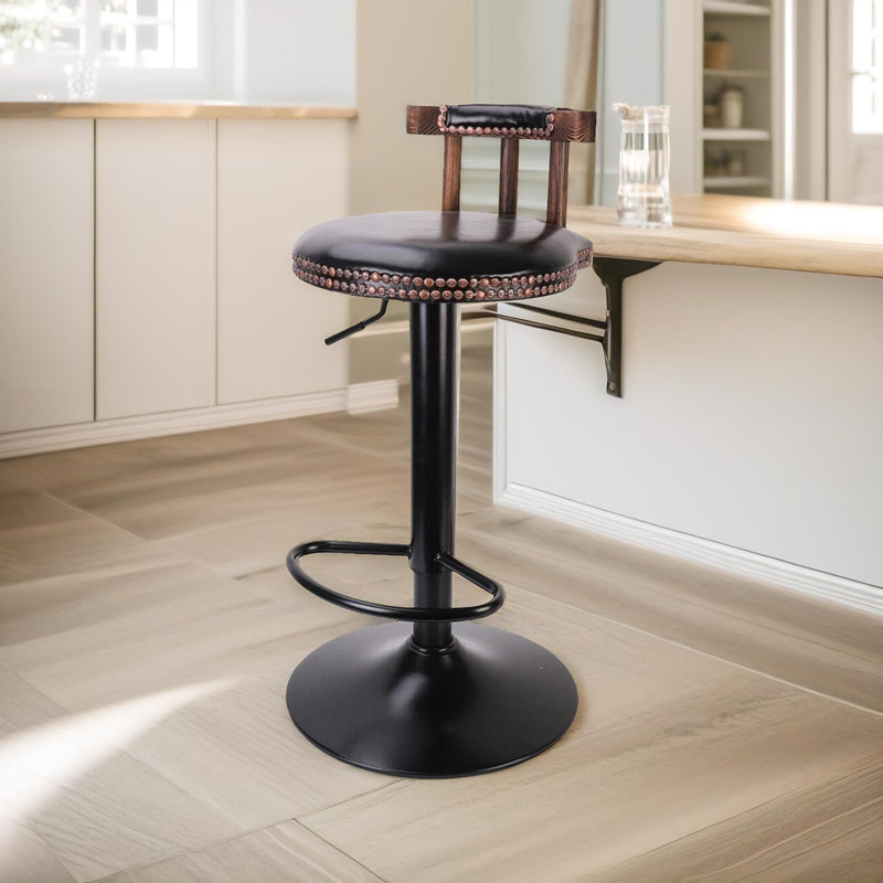 Benoist Rustic Industrial Vegan Leather, Swivel Adjustable Height Stool, Kitchen Barstools, Black