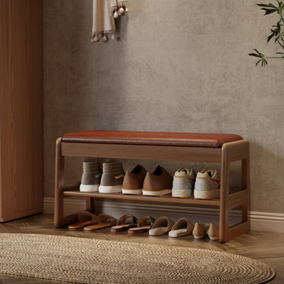 Solid wood shoe benches, leather or linen seat, double-tiered shelf design, flip-up storage