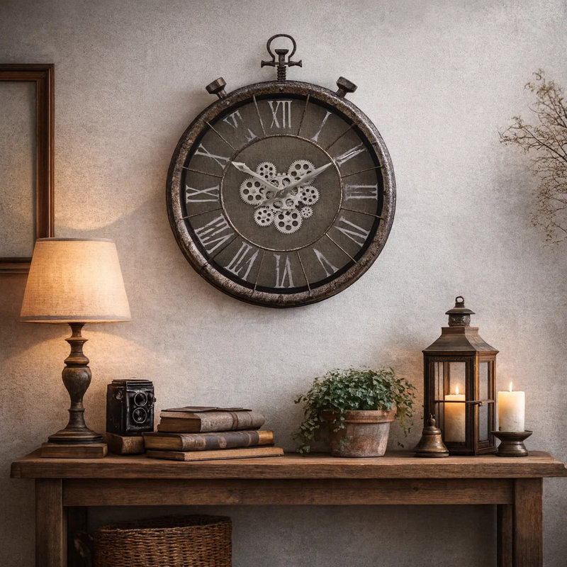 Horloges, 24 po rond, mécanisme d'engrenage, horloge murale, transitionnel, Gris