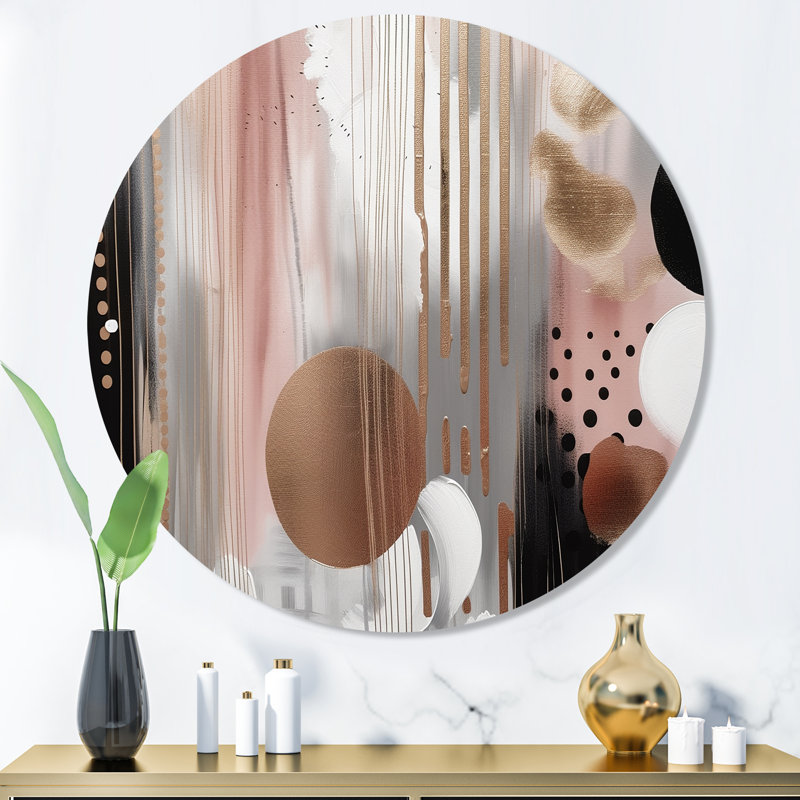«Pink Rosegold Captivating Circle I - Abstract Modern Shapes», art mural rond transitionnel sur métal