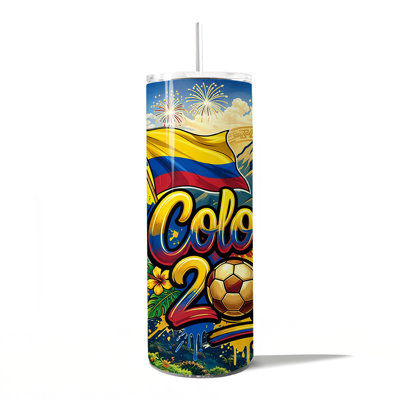 Gobelet 20 oz de la Coupe du monde de soccer de la Colombie avec couvercle et paille en acier inoxydable