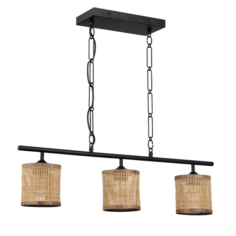 Lampe de plafond style campagnard à trois lumières avec abat-jour en rotin naturel