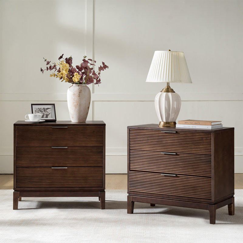 Woolsey Mid-Century Modern 28"W 3-Drawer Fluted End Table with Charging Station, Walnut