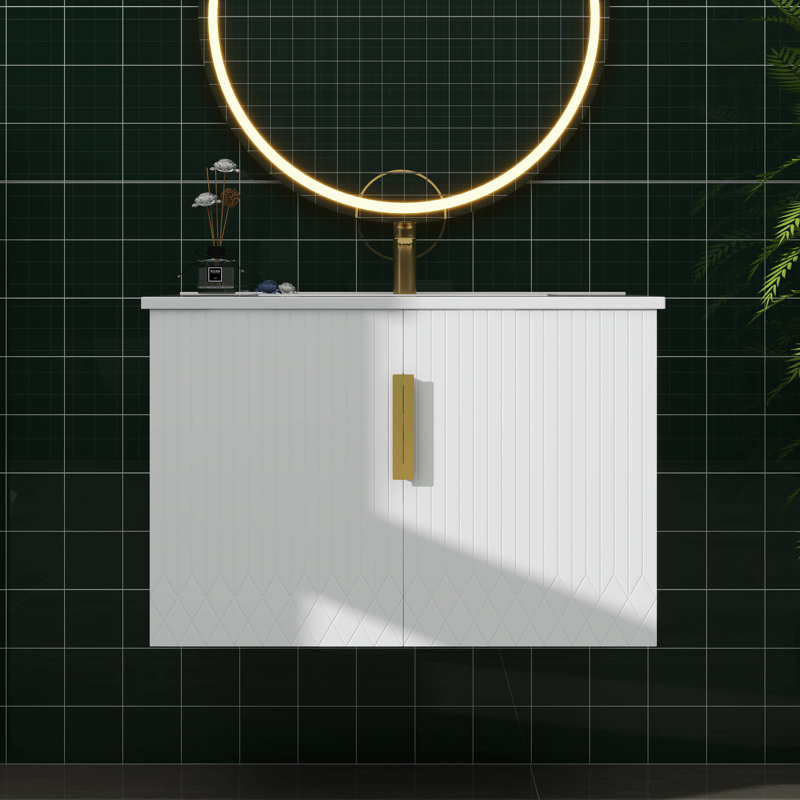 Meuble-lavabo de style rétro 30 po avec lavabo en céramique, configuration de robinet à 3 trous, armoire de rangement avec 2 portes à fermeture silencieuse