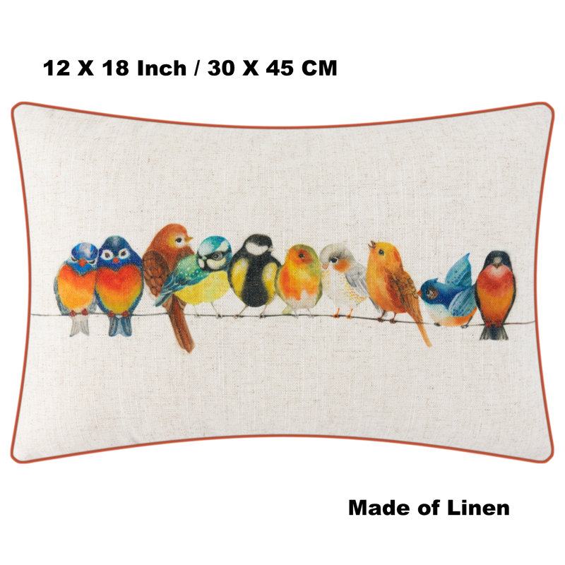 Birds Print Linen Throw Pillow Cover, 12' H x 18" W, White/Blue/Black/Orange, Rectangular