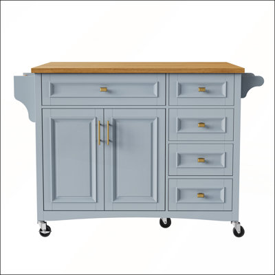Vintage Style Kitchen Island with Drop Leaf, Embossed Texture, and Ample Storage on Wheels for Modern Kitchens, Blue Grey