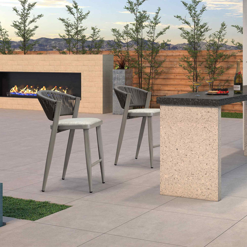 Ensemble de 2 tabourets de bar de patio avec coussins de couleur contrastante en aluminium, Gris Pierre, Albâtre