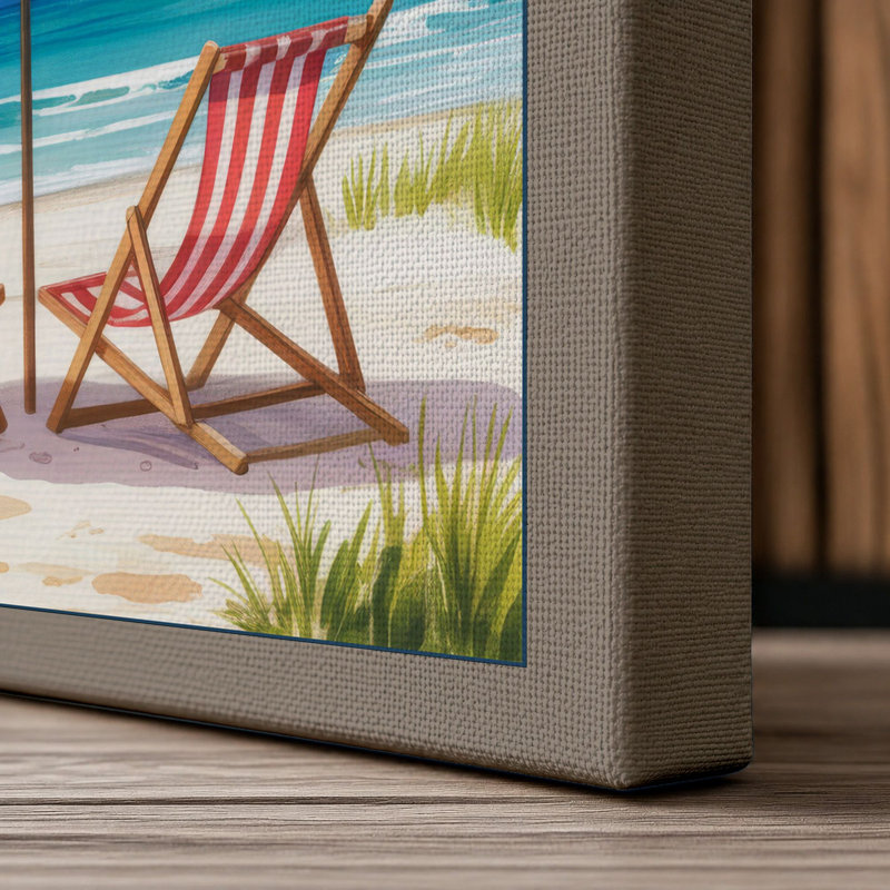 Deck Chairs Under Rainbow Coastal - Wrapped Canvas, 30x20 - 76.2 x 50.8 cm, Taupe Border