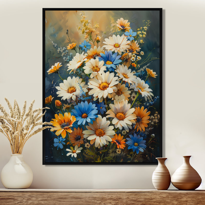 Décoration murale marguerites bleues et blanches II - marguerites, Cadre flottant noir, H 40 po x l 30 po x P 1,5 po