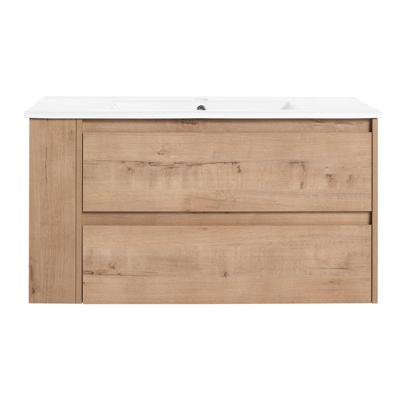 Meuble-lavabo mural de 36 po avec lavabo en céramique - Design moderne et moderne à fermeture en douceur avec structure en contreplaqué en chêne massif