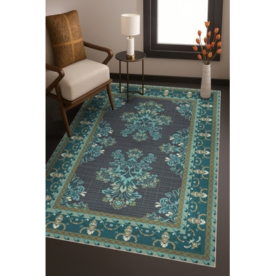 Tapis bleu tissé lavable rétro Mosso