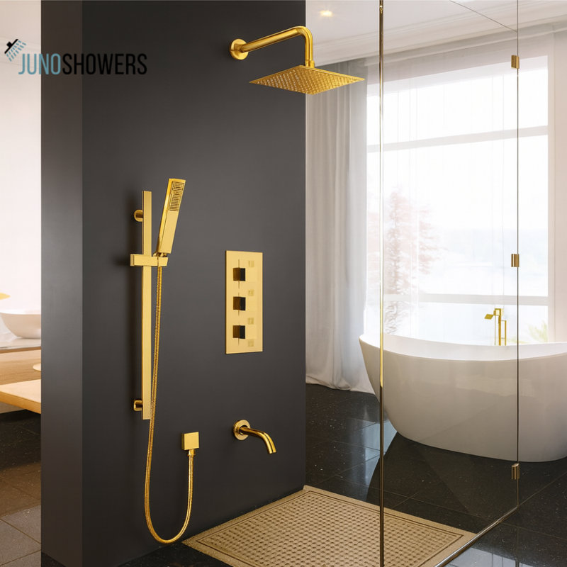 Système de douche mural 8 pouces avec pomme de douche et robinet thermostatique, Doré