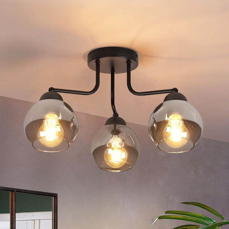 3-Light Black Glass Flush Mount 