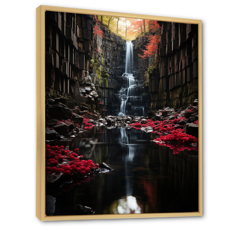 Chute grise et rouge de l'éternité III sur toile, Cadre naturel flottant, H 40 po x l 30 po x P 1,5 po