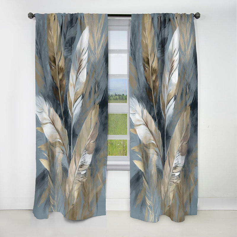 Or et gris Impressions of Bohemian Energy II - Rideau occultant en plumes Boho - 1 panneaux, L 52 po x L 84 po