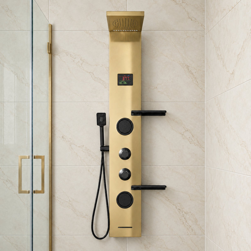 Double système de panneau de douche 4-en-1 2 jets de pluie avec pomme de douche, tablette, bec et lumière DEL, Or