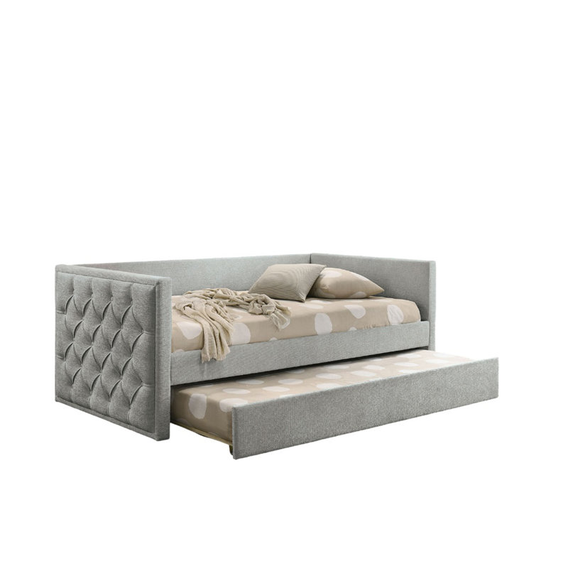 Lit de jour simple de style transitionnel avec lit gigogne et capitonnage à boutons fins avec accoudoirs minces et finition gris