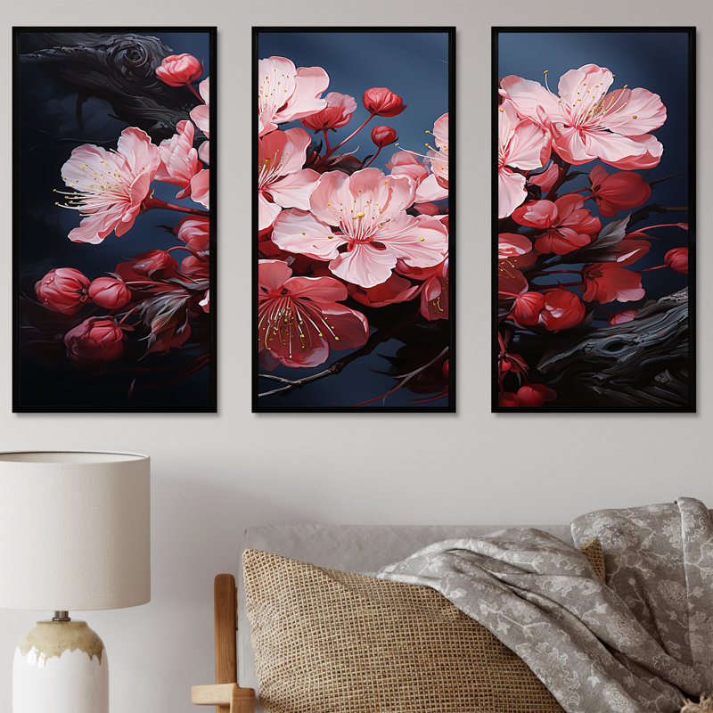 Cerisier rose en fleurs II - art mural cerise, H 40 po x l 60 po, Cadre flottant noir