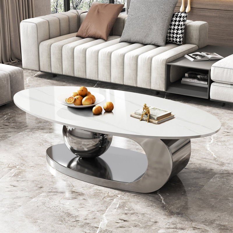 Table basse 49,2 pouces ovale en faux marbre pour salon avec base en acier inoxydable, Gris, blanc