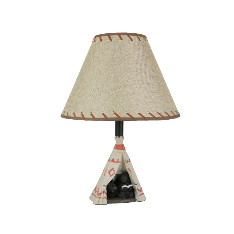 Smithville rustic hand-painted resin and metal black bear reading to cub in cone-shaped tent table lamp — 19 inches high, 13.75 inch beige shade