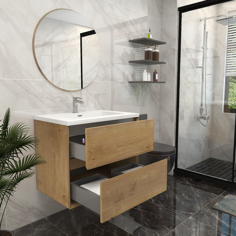 Ensemble de meuble-lavabo mural simple 30 po, Teck chêne