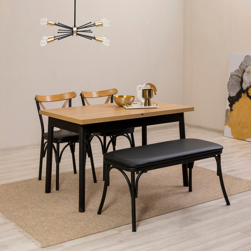 Bohlman Elegant Extendable Dining Table & Chairs Set (4 Pieces), Black | 100% Melamine Coated Particle Board, Table Dimensions: 47.2 x 29.5 x 29.5 in (Open: 61.0 in) | 100% Leatherette Chairs & Bench, Durable Beech Wood Legs, Perfect for Family Dinners