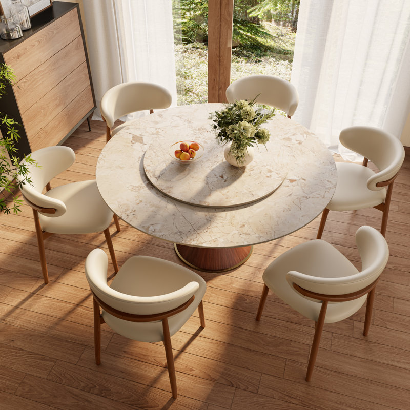 Ensemble de table ronde en pierre frittée élégante avec plateau tournant rotatif et 6 chaises rembourrées en polyuréthane pour 4 à 8 personnes