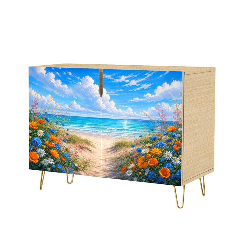 Armoire-buffet de style buffet étroit de 35,4 po de largeur avec 2 portes et imprimé de sentier bord de mer