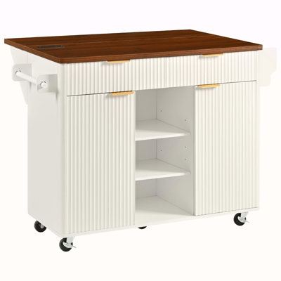 Îlot de cuisine cannelé de 52 po avec rallonge, prise de courant, chariot de rangement de cuisine avec tablettes réglables, 2 portes et 2 tiroirs, table d'îlot roulant pour la cuisine