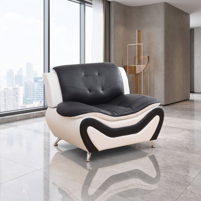 Fauteuil 42 po en simili cuir noir et blanc avec cadre en bois massif et mousse à mémoire de forme haute densité
