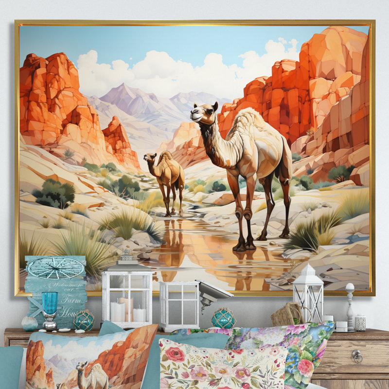 " Camel Desert Wanderer Geometric ", Gold Floater Framed, 16" H x 32" W x 1" D