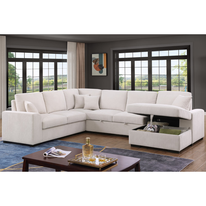 Canapé-lit modulaire en forme de U de 132 po en chenille avec lit coulissant, méridienne de rangement, console avec porte-gobelet rabattable et ports de charge USB Type-C