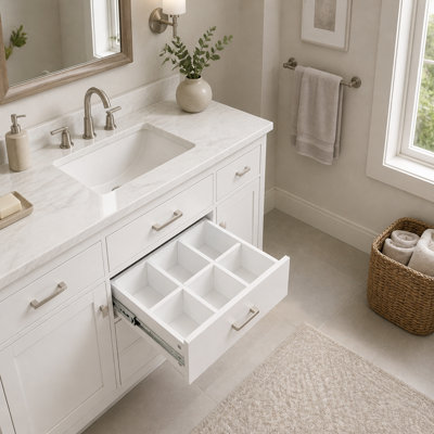 Meuble-lavabo de salle de bain de 149 cm (58,7 po) sans lavabo, caisson seulement, portes et tiroirs à fermeture amortie, poignées en métal, tiroir supérieur basculant, 2 portes de placard, étagère réglable, tiroir avec séparateur amovible, blanc