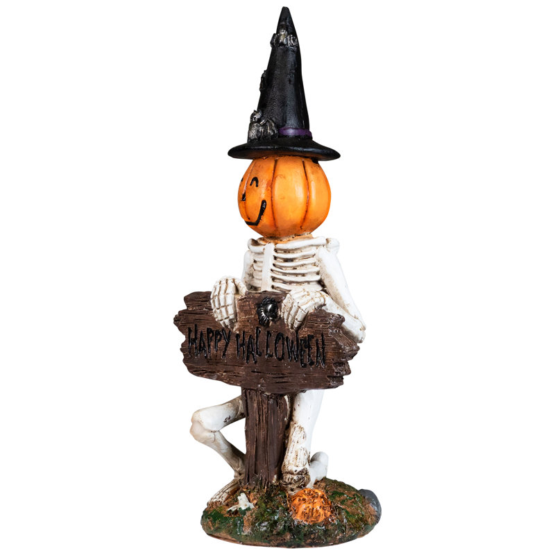 Jack-O-Lantern squelette dans un chapeau de sorcière et une affiche «Happy Halloween» - 9,5 po