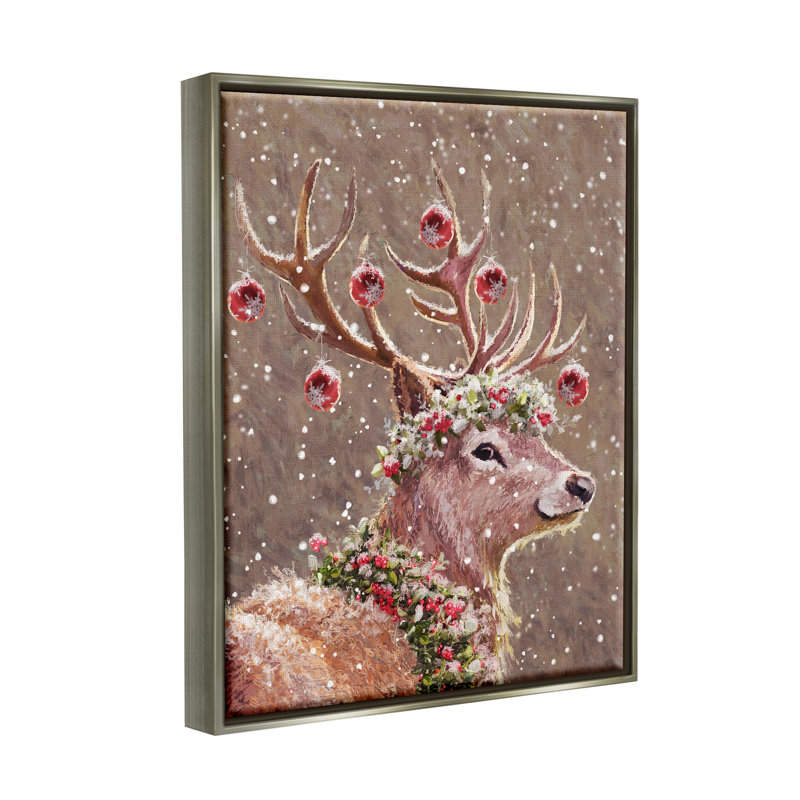 «Deer Antler Holiday Ornaments» par Pip Wilson, peinture, H 21 po x l 17 po x P 1,7 po, Cadre flottant gris lustré