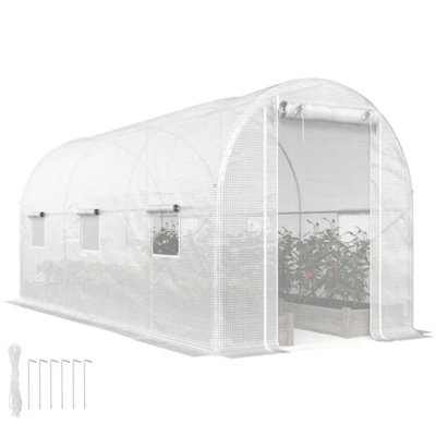 White Walk-in Hoop House Tunnel Greenhouse, 14.6'x6.5'x6.6' with Support Rods & Zipper Mesh Door