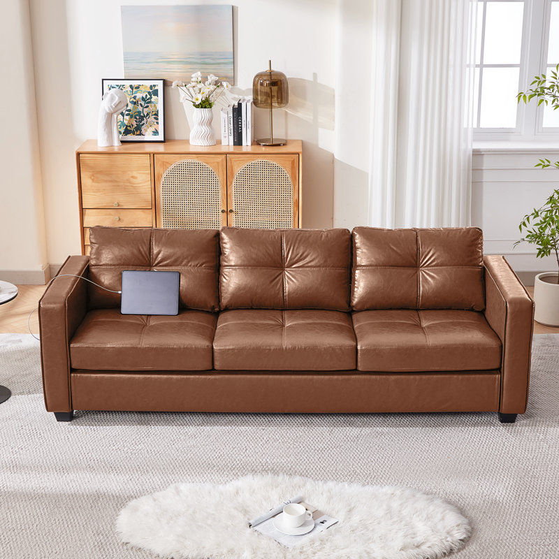 88” W Faux Leather Couch With Square Armrests, Faux Leather - Dark Brown