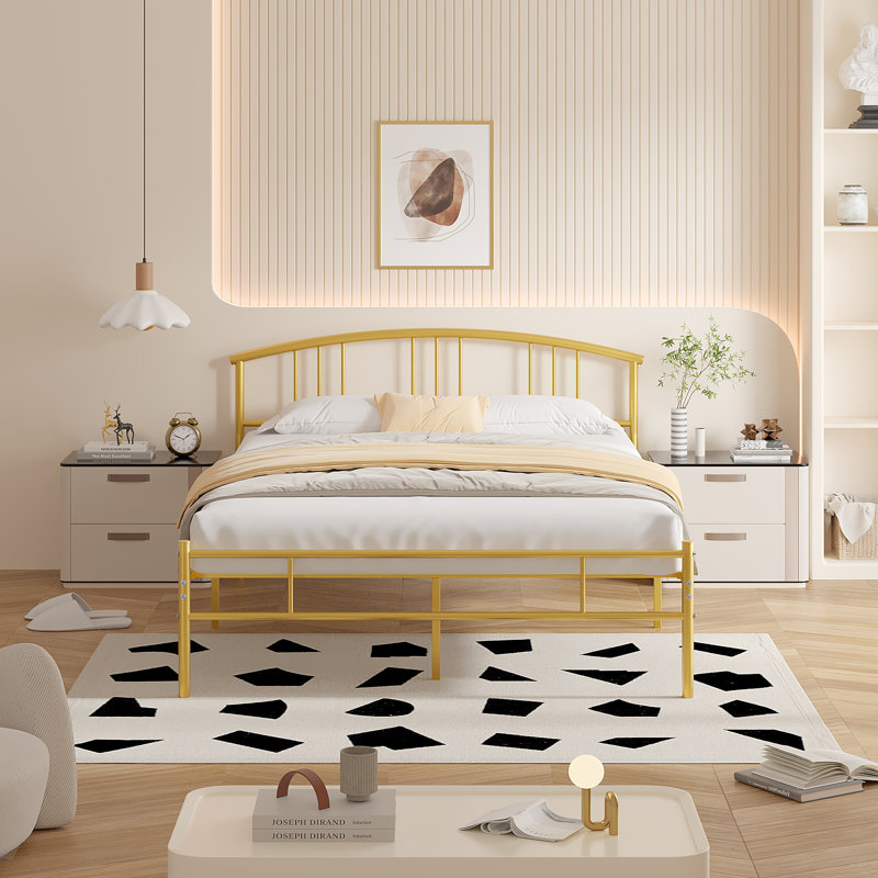 Queen Metal Platform Bed Frame with Curved Headboard, Steel Slat Support, No Box Spring Needed, Modern Glam Bed , Queen